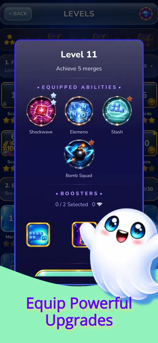 The start of level 11, with four equipped abilities (Shockwave, Elemeno, Stash and Bomb Squad) and a choice of boosters.