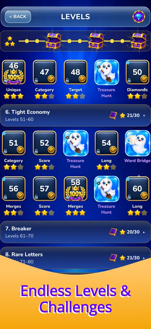 The level map, with chapters such as Tight Economy and Breaker, and goals like Category, Treasure Hunt and Word Bridge.